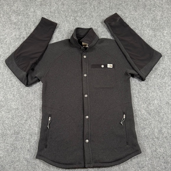 The North Face Small Gray Black Trim Knit Button Up Jacket Full Zip Pockets Mens - Picture 1 of 12